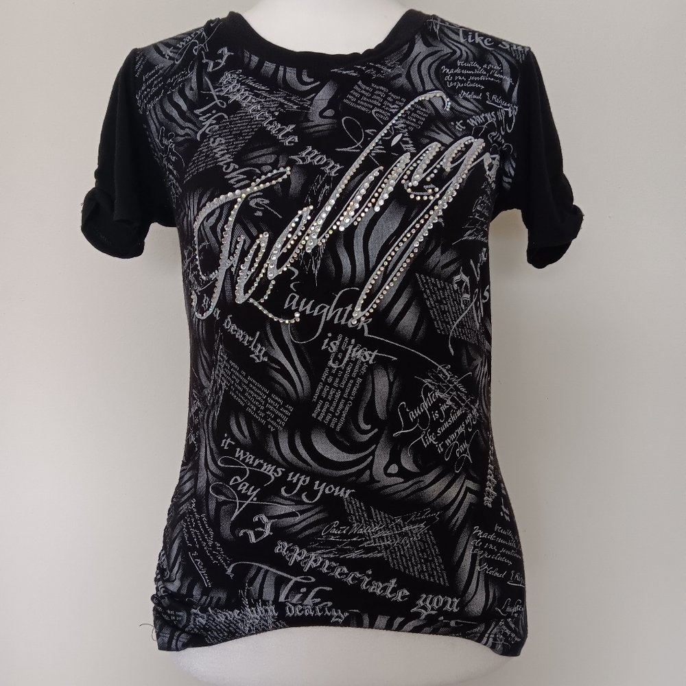"feelings" rhinestone graphic black, grey, and white t-shirt